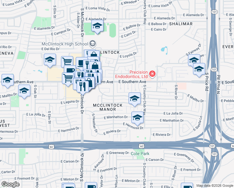 map of restaurants, bars, coffee shops, grocery stores, and more near 1910 East Laguna Drive in Tempe