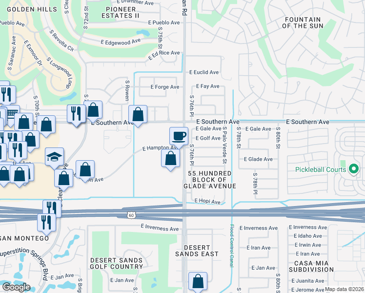 map of restaurants, bars, coffee shops, grocery stores, and more near 9740 East Hampton Avenue in Mesa