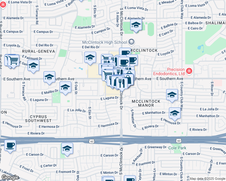 map of restaurants, bars, coffee shops, grocery stores, and more near 1719 East Southern Avenue in Tempe