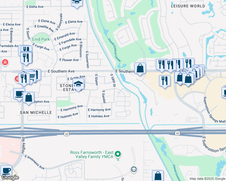 map of restaurants, bars, coffee shops, grocery stores, and more near 5763 East Glade Avenue in Mesa