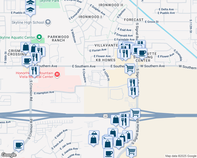 map of restaurants, bars, coffee shops, grocery stores, and more near 1304 South 105th Place in Mesa