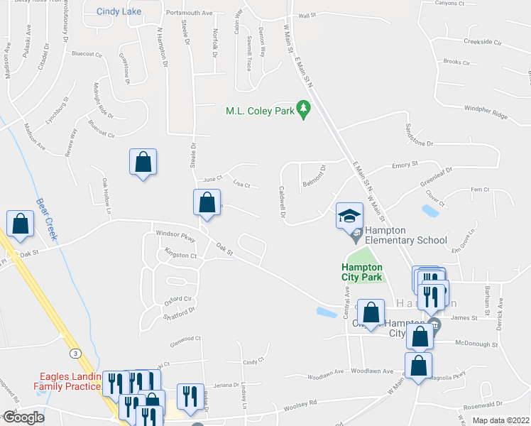 map of restaurants, bars, coffee shops, grocery stores, and more near 118 Jay Lane in Hampton