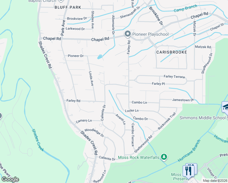 map of restaurants, bars, coffee shops, grocery stores, and more near 2253 Locke Circle in Birmingham
