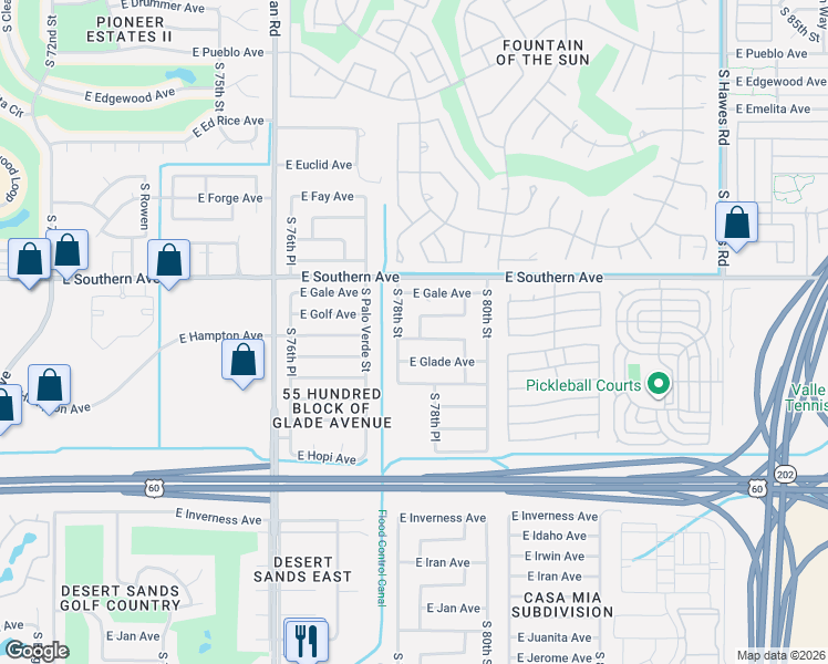 map of restaurants, bars, coffee shops, grocery stores, and more near 7856 East Garnet Avenue in Mesa