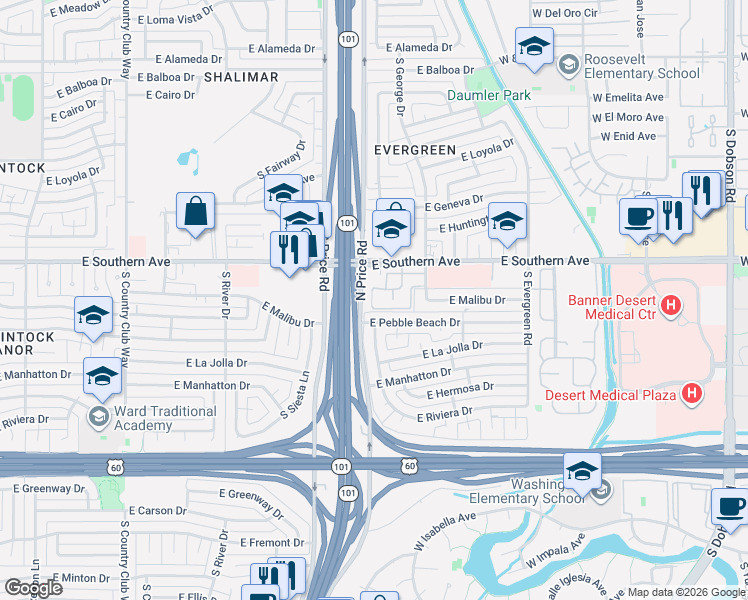 map of restaurants, bars, coffee shops, grocery stores, and more near 2333 East Southern Avenue in Tempe