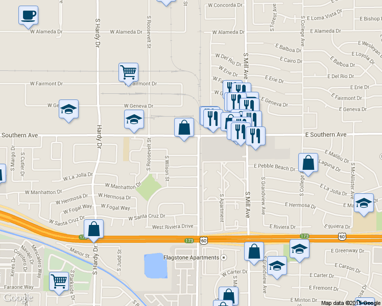 map of restaurants, bars, coffee shops, grocery stores, and more near 326 West Laguna Drive in Tempe