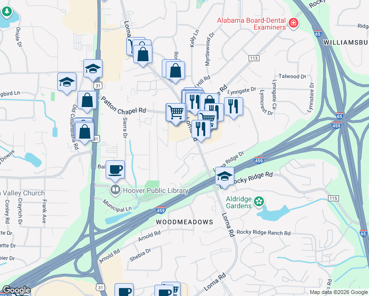 map of restaurants, bars, coffee shops, grocery stores, and more near 3400 Treeline Court in Hoover