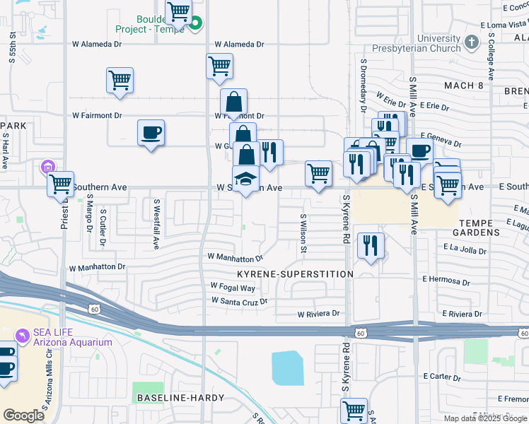 map of restaurants, bars, coffee shops, grocery stores, and more near 633 West Southern Avenue in Tempe