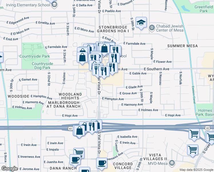 map of restaurants, bars, coffee shops, grocery stores, and more near 1313 South Val Vista Drive in Mesa