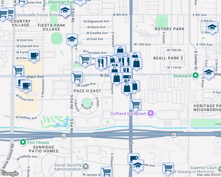 map of restaurants, bars, coffee shops, grocery stores, and more near 1248 South Vineyard in Mesa