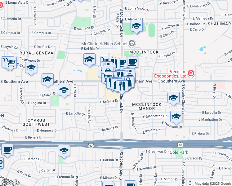 map of restaurants, bars, coffee shops, grocery stores, and more near 1719 East Southern Avenue in Tempe