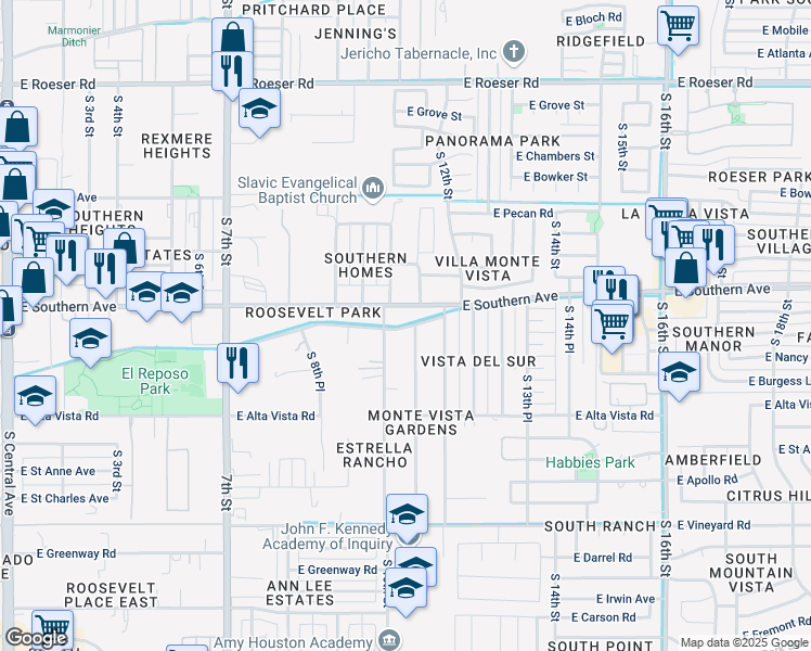 map of restaurants, bars, coffee shops, grocery stores, and more near 1018 East Old Southern Avenue in Phoenix