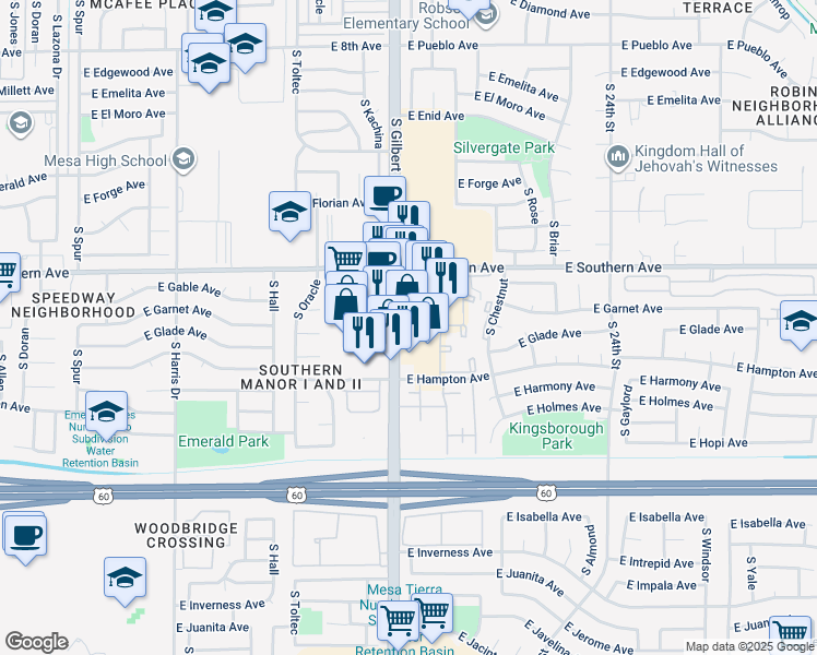 map of restaurants, bars, coffee shops, grocery stores, and more near 1315 South Gilbert Road in Mesa