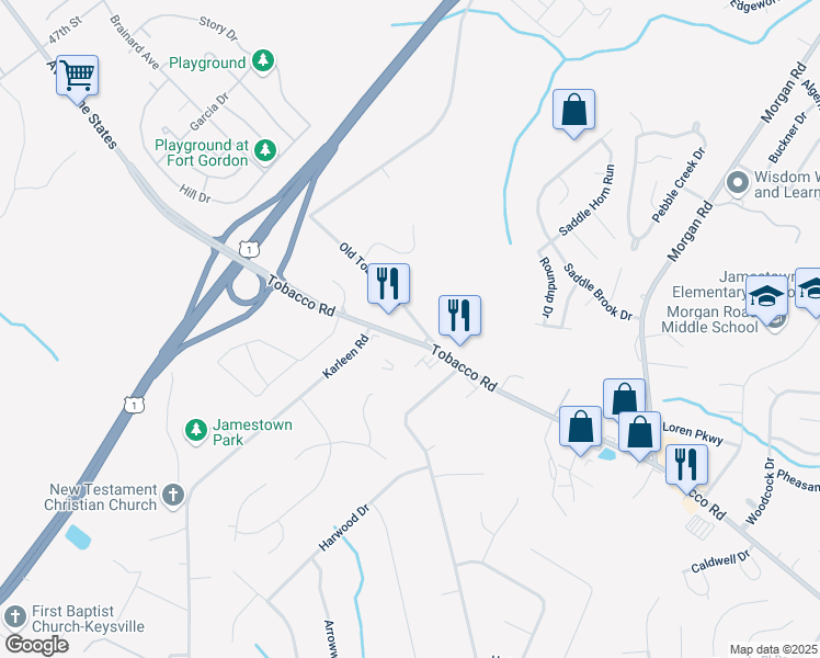 map of restaurants, bars, coffee shops, grocery stores, and more near 2920 Tobacco Road in Hephzibah