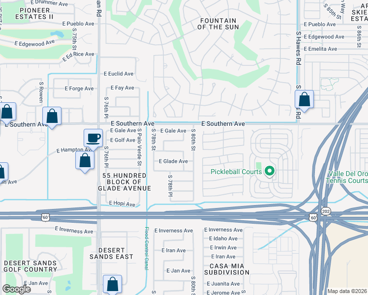 map of restaurants, bars, coffee shops, grocery stores, and more near 7940 East Garnet Avenue in Mesa