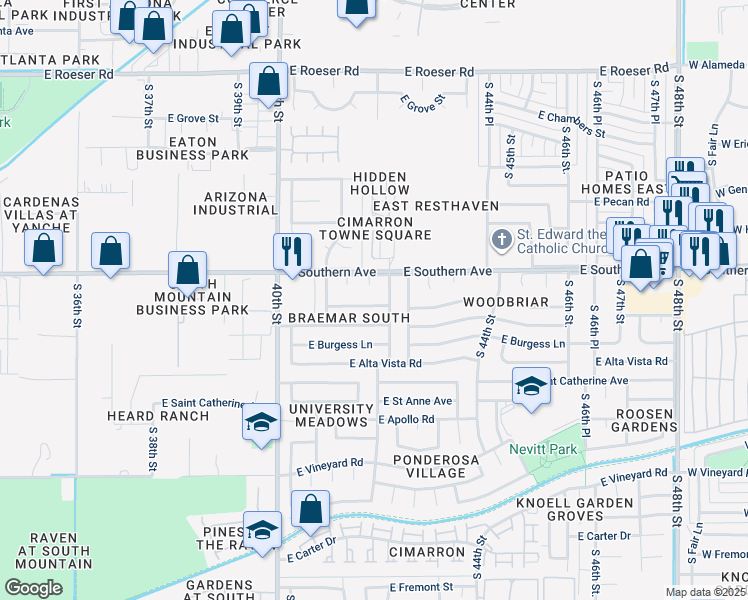 map of restaurants, bars, coffee shops, grocery stores, and more near 4144 East Pleasant Lane in Phoenix