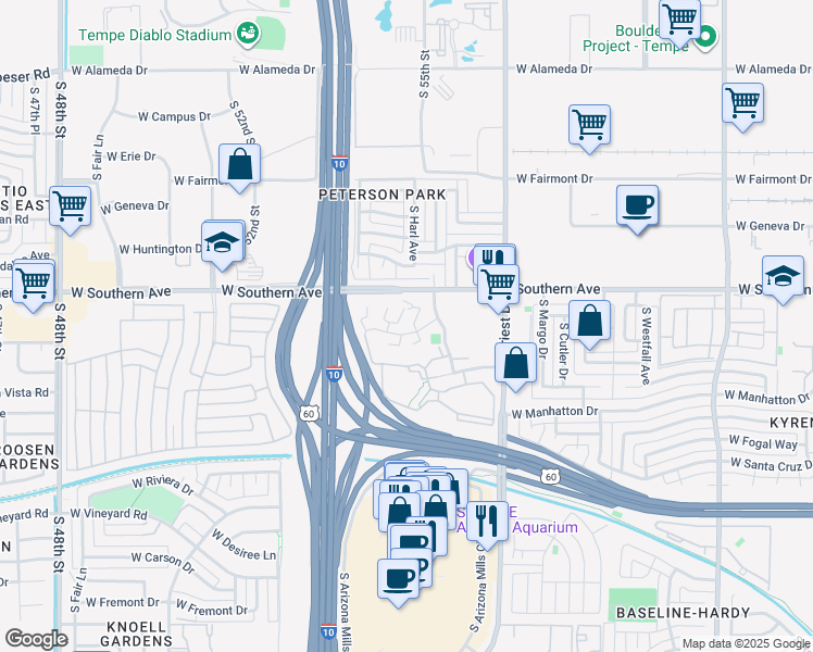 map of restaurants, bars, coffee shops, grocery stores, and more near 1636 West Village Way in Tempe