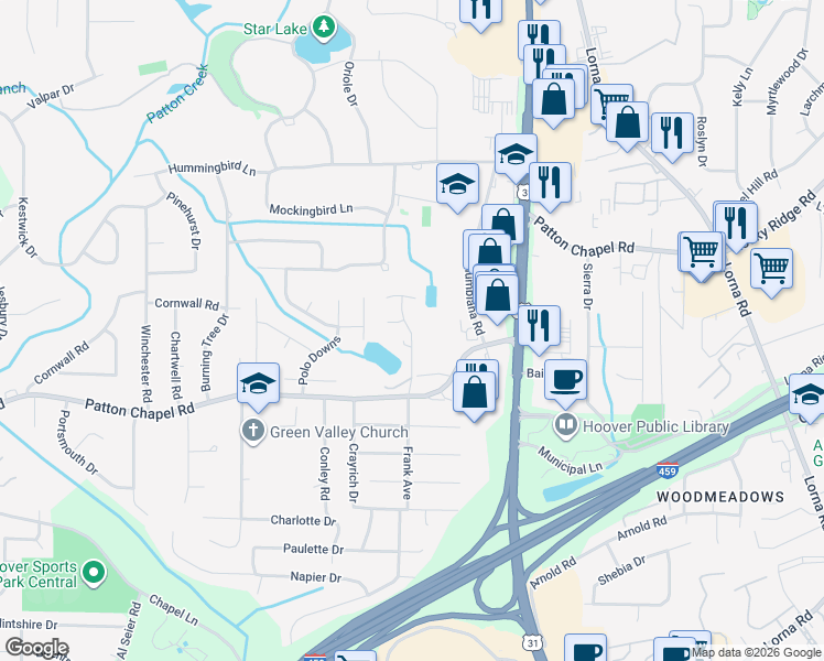 map of restaurants, bars, coffee shops, grocery stores, and more near 1872 Patton Chapel Road in Hoover