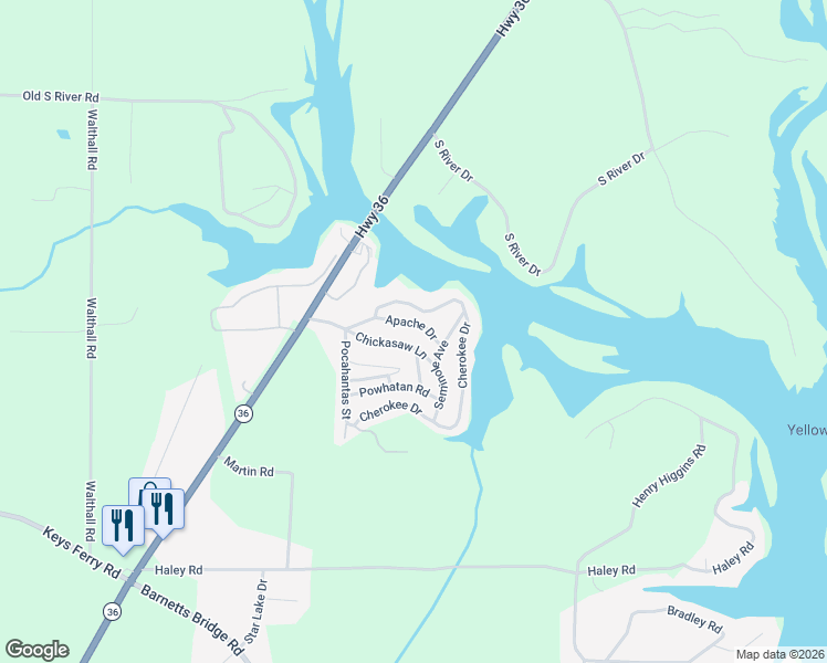 map of restaurants, bars, coffee shops, grocery stores, and more near 128 Apache Drive in Jackson