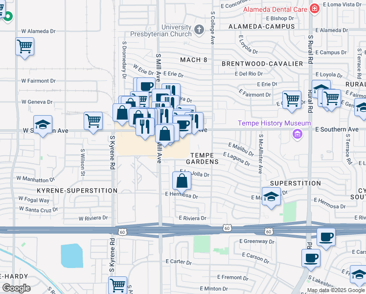 map of restaurants, bars, coffee shops, grocery stores, and more near 95 East Southern Avenue in Tempe