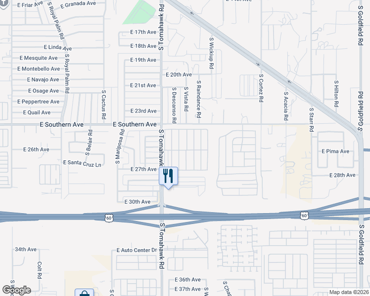 map of restaurants, bars, coffee shops, grocery stores, and more near 2605 South Tomahawk Road in Apache Junction