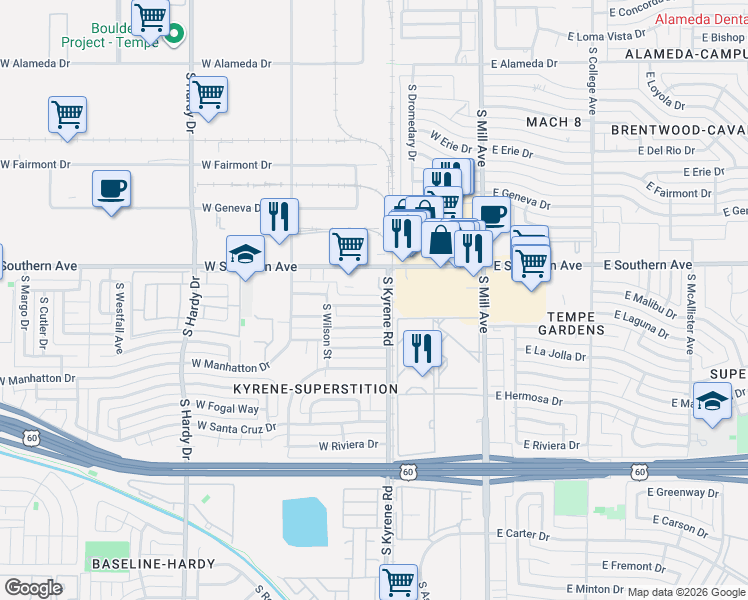map of restaurants, bars, coffee shops, grocery stores, and more near 326 West Laguna Drive in Tempe