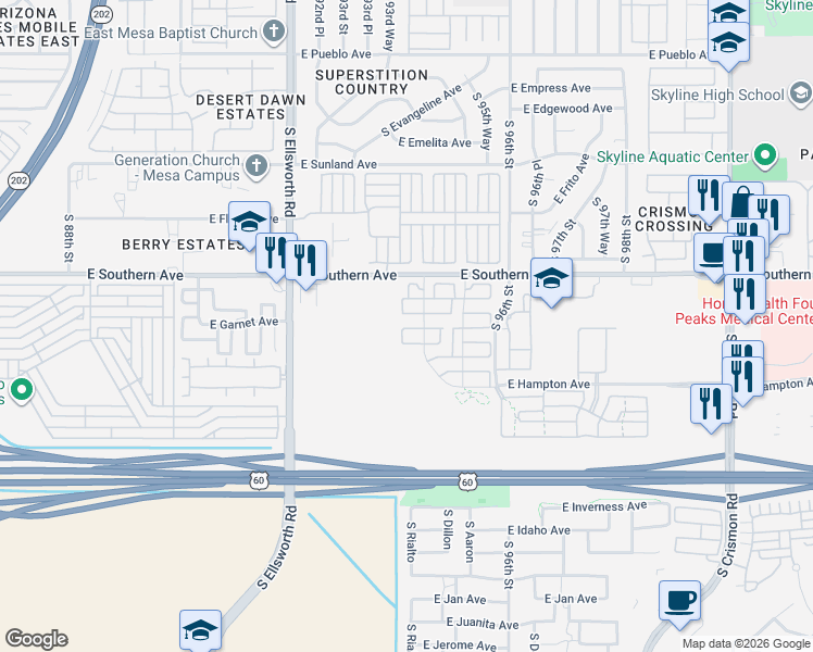 map of restaurants, bars, coffee shops, grocery stores, and more near 1250 South Rialto in Mesa