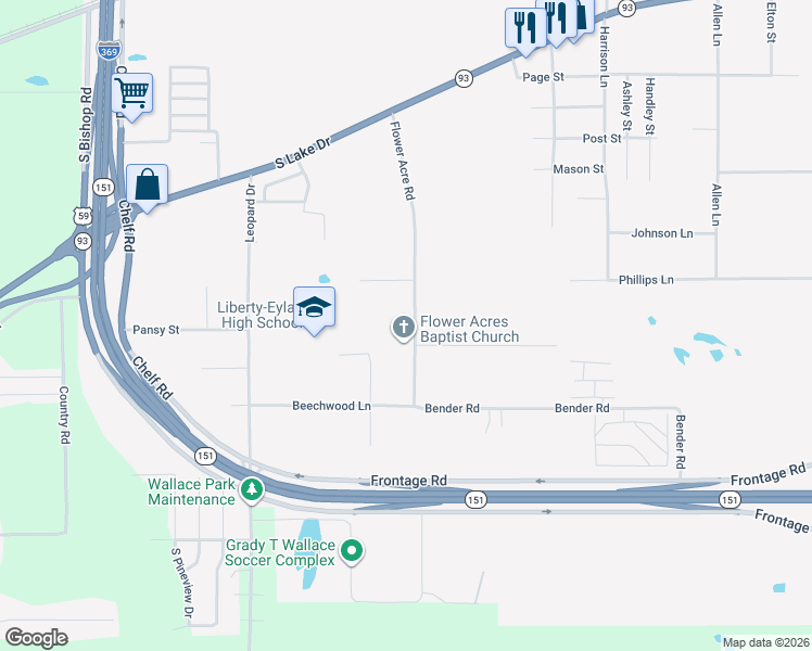 map of restaurants, bars, coffee shops, grocery stores, and more near 2902 Flower Acre Road in Texarkana