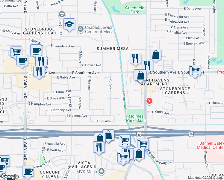map of restaurants, bars, coffee shops, grocery stores, and more near 4121 East Glade Circle in Mesa