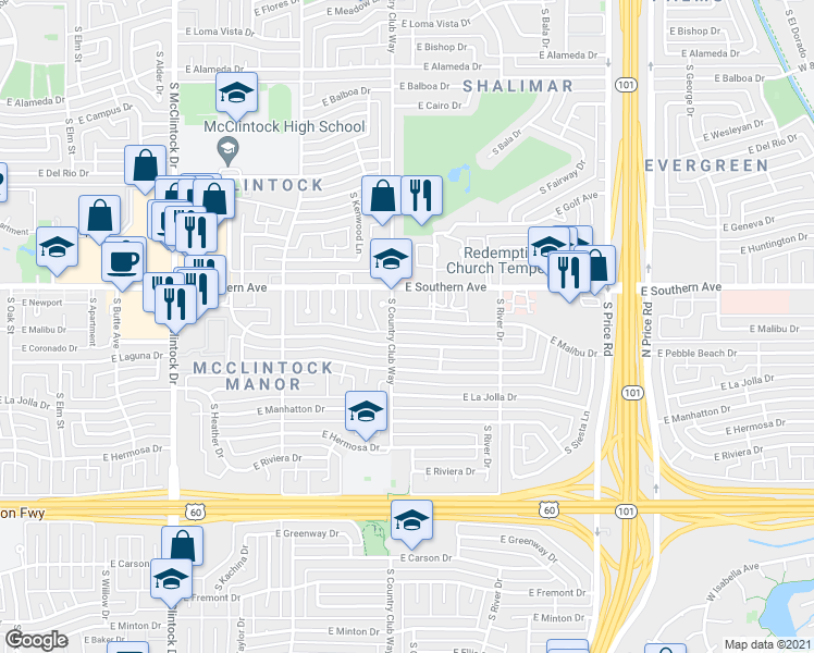map of restaurants, bars, coffee shops, grocery stores, and more near 2015 East Malibu Drive in Tempe