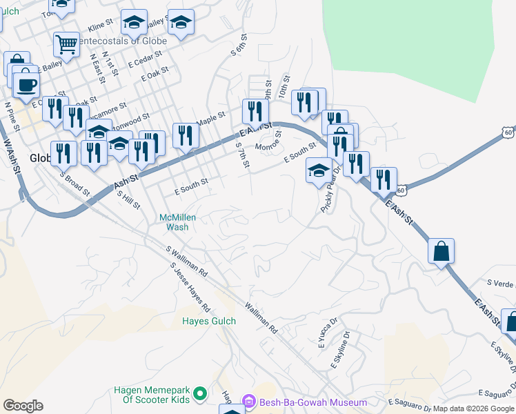 map of restaurants, bars, coffee shops, grocery stores, and more near 501-593 East Courtney Lane in Globe