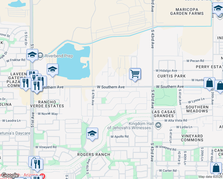 map of restaurants, bars, coffee shops, grocery stores, and more near 4524 West Pleasant Lane in Phoenix