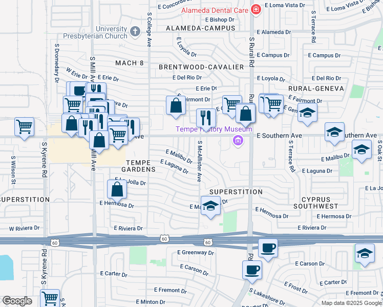 map of restaurants, bars, coffee shops, grocery stores, and more near 3339 South Ventura Drive in Tempe