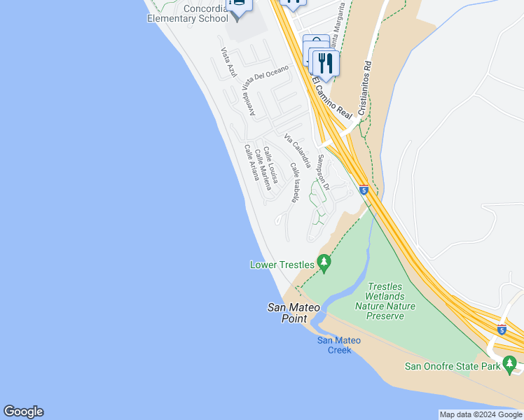 map of restaurants, bars, coffee shops, grocery stores, and more near 405 Calle Alicia in San Clemente