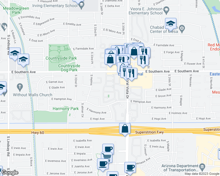 map of restaurants, bars, coffee shops, grocery stores, and more near 1320 South Val Vista Drive in Mesa