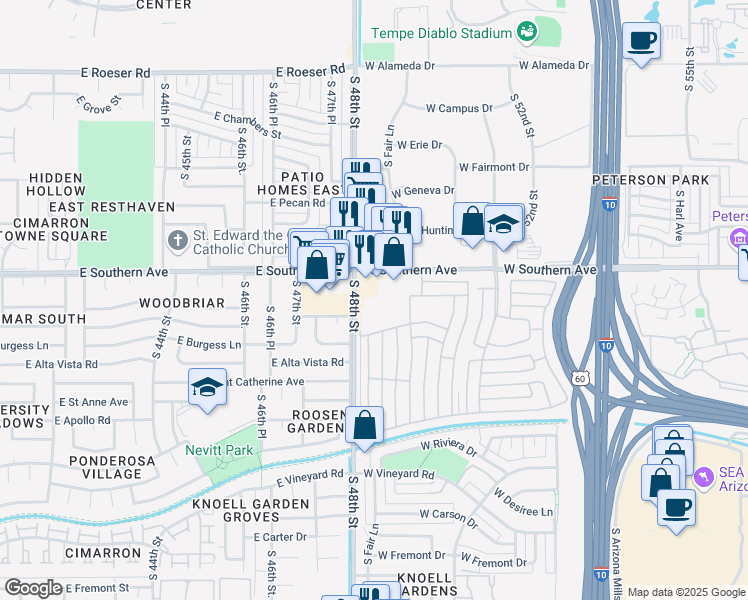 map of restaurants, bars, coffee shops, grocery stores, and more near 2741 West Southern Avenue in Tempe