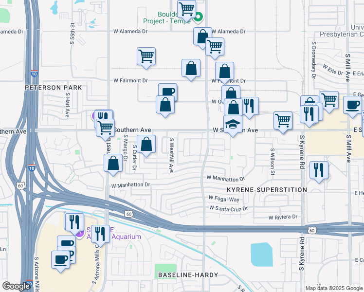 map of restaurants, bars, coffee shops, grocery stores, and more near 3331 South Parkside Drive in Tempe