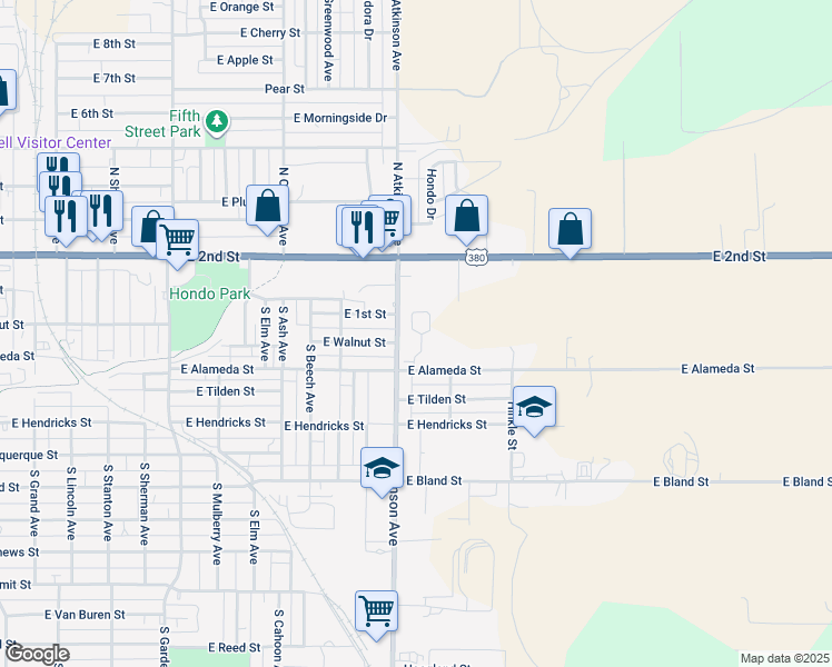 map of restaurants, bars, coffee shops, grocery stores, and more near 1301 East Alameda Street in Roswell