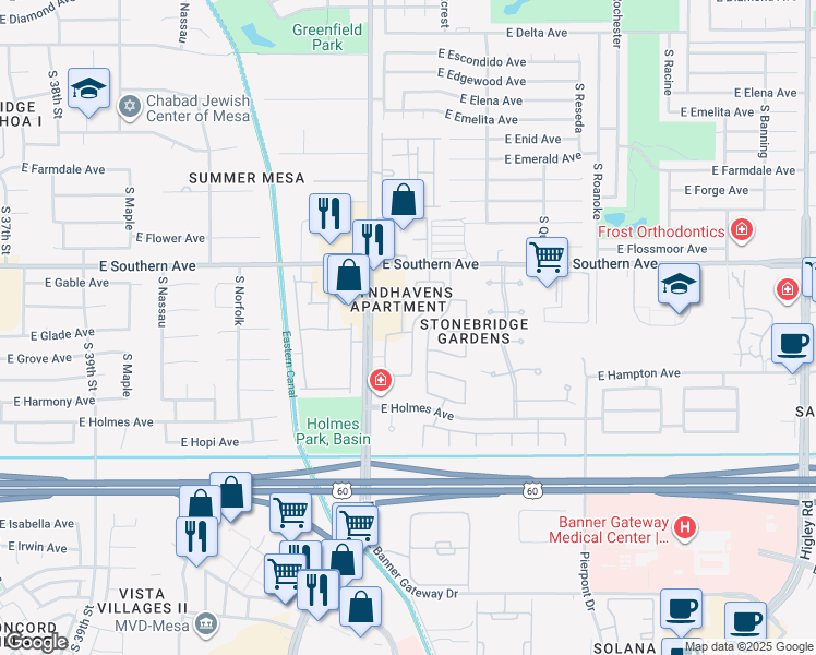 map of restaurants, bars, coffee shops, grocery stores, and more near 1361 East Southern Avenue in Mesa