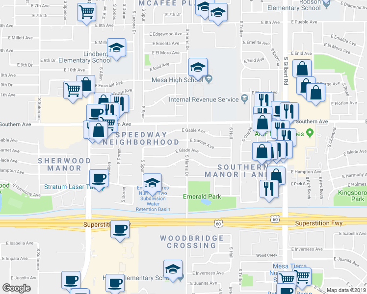 map of restaurants, bars, coffee shops, grocery stores, and more near 1604 East Glade Avenue in Mesa