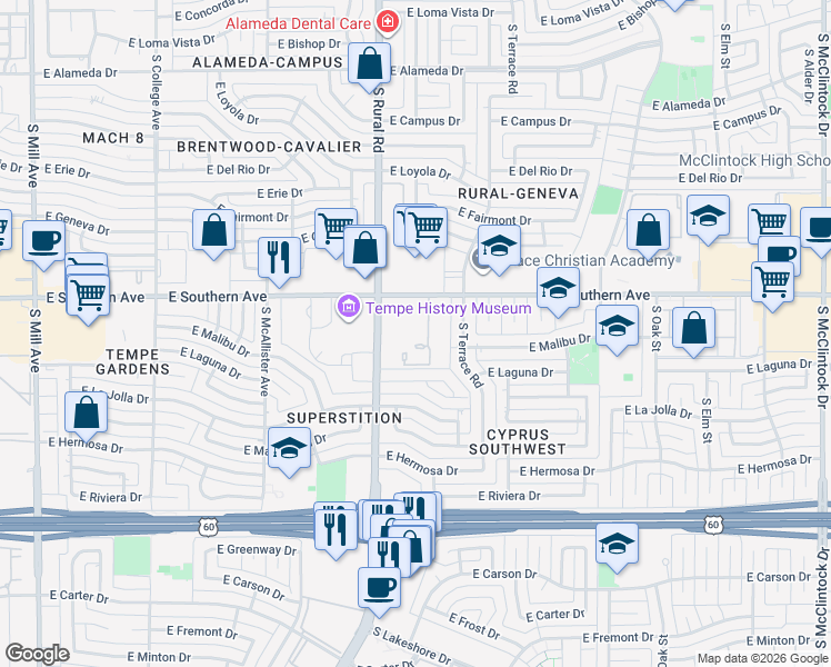 map of restaurants, bars, coffee shops, grocery stores, and more near in Tempe