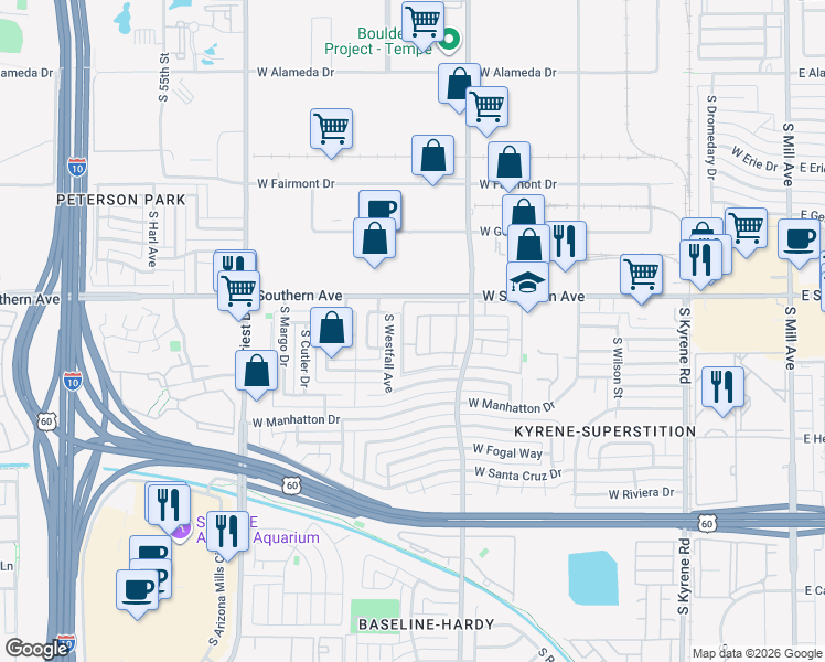 map of restaurants, bars, coffee shops, grocery stores, and more near 3331 South Parkside Drive in Tempe