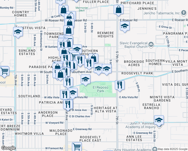 map of restaurants, bars, coffee shops, grocery stores, and more near 449 East Southern Avenue in Phoenix