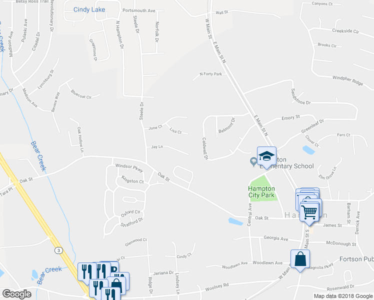 map of restaurants, bars, coffee shops, grocery stores, and more near 116 Jay Lane in Hampton