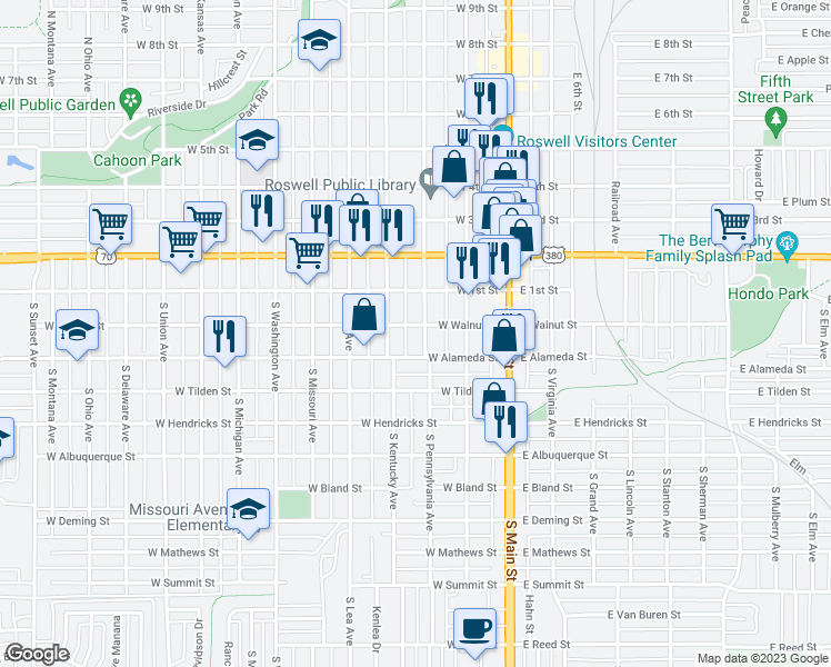 map of restaurants, bars, coffee shops, grocery stores, and more near 202 South Pennsylvania Avenue in Roswell