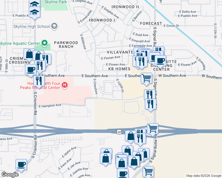 map of restaurants, bars, coffee shops, grocery stores, and more near 1304 South 105th Place in Mesa