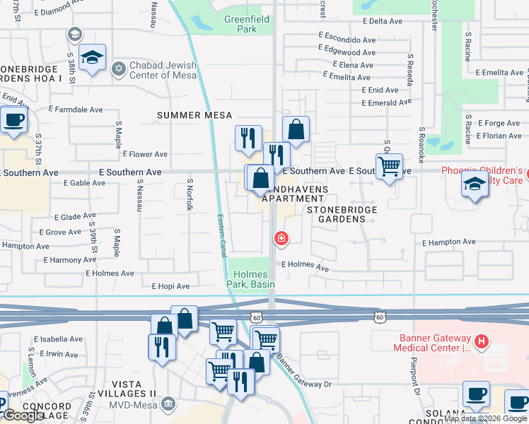 map of restaurants, bars, coffee shops, grocery stores, and more near 1305 South Greenfield Road in Mesa
