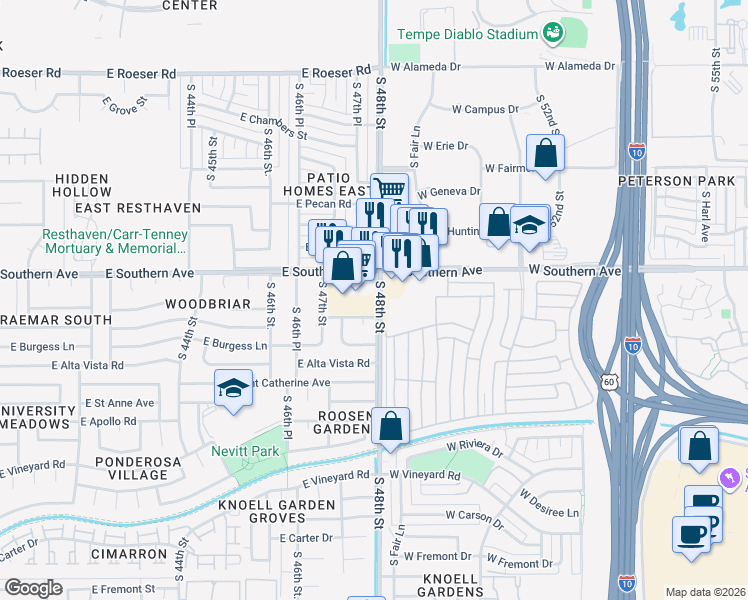 map of restaurants, bars, coffee shops, grocery stores, and more near 2741 West Southern Avenue in Tempe