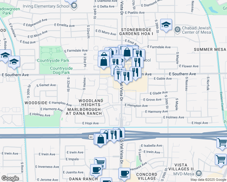 map of restaurants, bars, coffee shops, grocery stores, and more near 1320 South Val Vista Drive in Mesa
