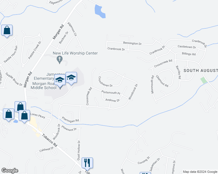 map of restaurants, bars, coffee shops, grocery stores, and more near 2722 Crosshaven Drive in Hephzibah